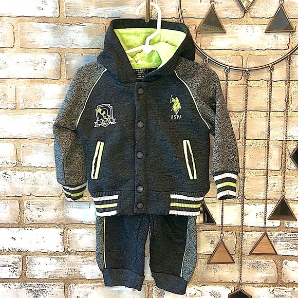 U.S. Polo Assn. Gray & Lime Green 2 Piece Hooded Tracksuit, Toddler Sz. 24 Mos. - Picture 4 of 8